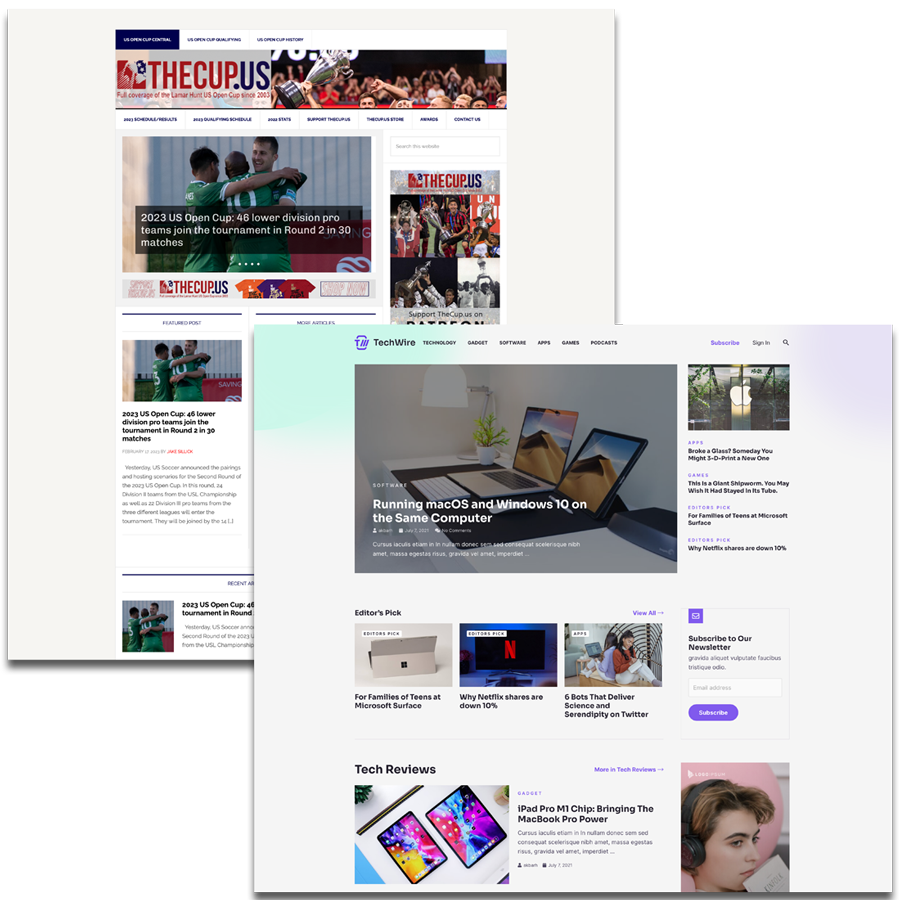Screenshots of two different newspaper and magazine website homepages