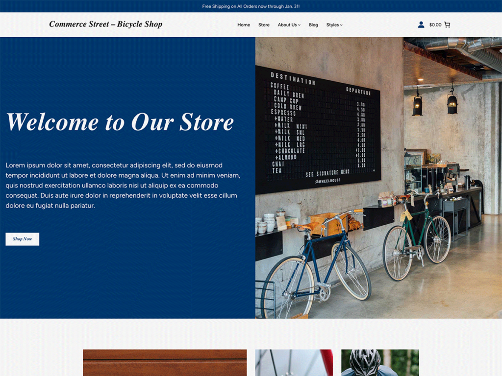 screenshot of the bicycle demo site for the Commerce Street WordPress theme