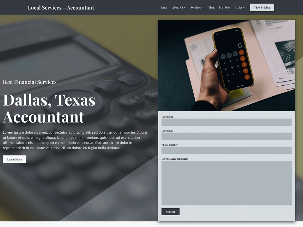 screenshot of the accountant demo site for the Local Services WordPress theme