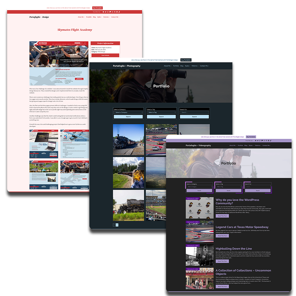 Screenshots of the portfolio page template and single portfolio templates with various theme variations for the Portafoglio WordPress theme
